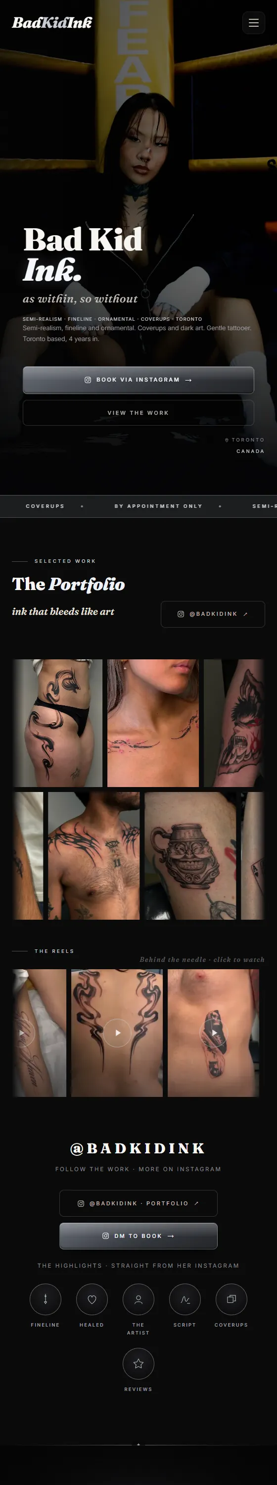 Vista real do site de um estúdio de tatuagem