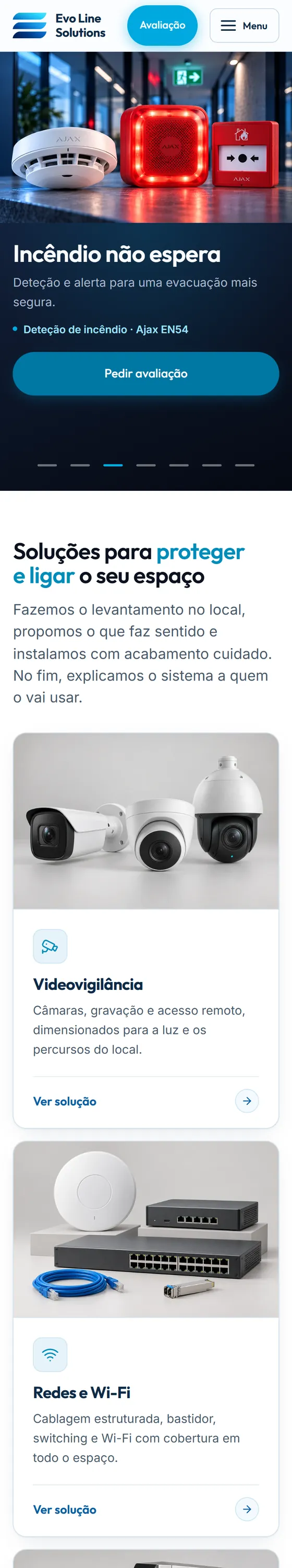 Vista real do site de uma empresa de redes e videomonitoramento