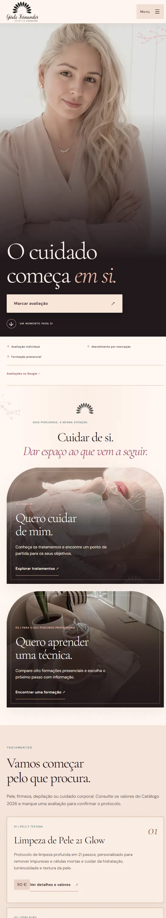 Vista real do site de uma clínica de estética