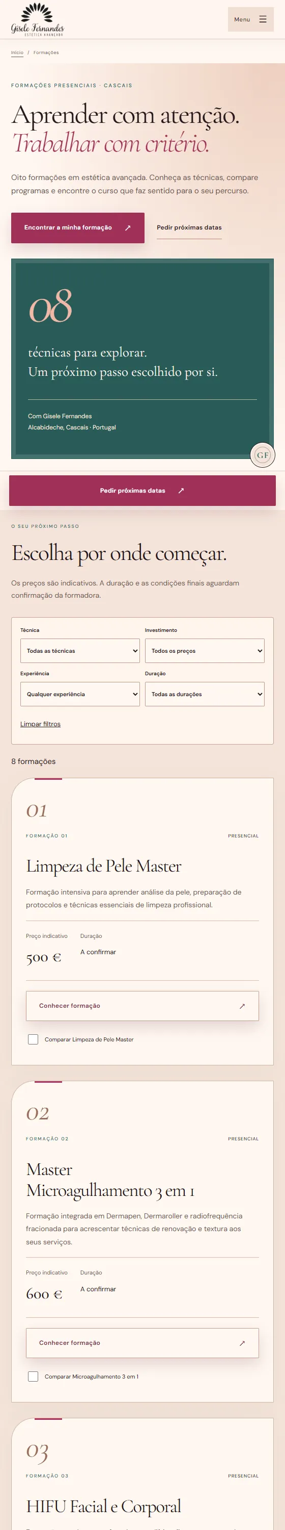 Vista real do site de formações em estética