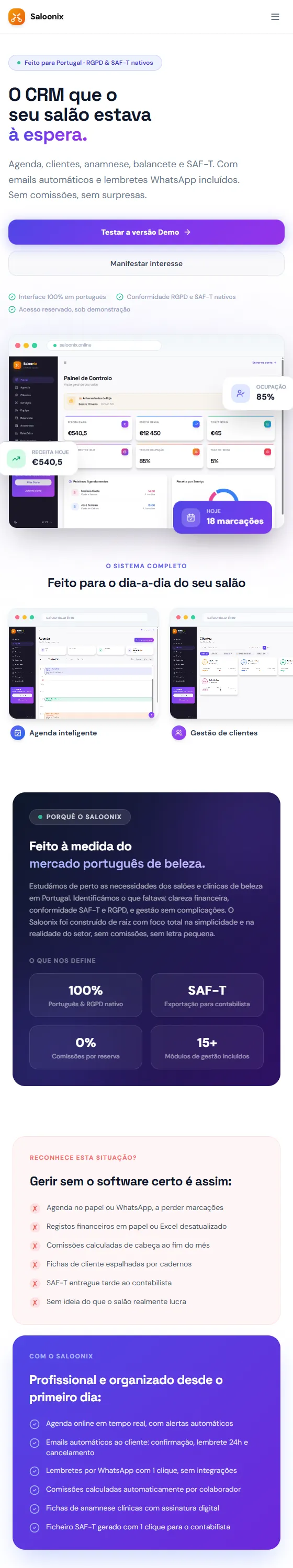 Vista real da plataforma de gestão para salões e spas