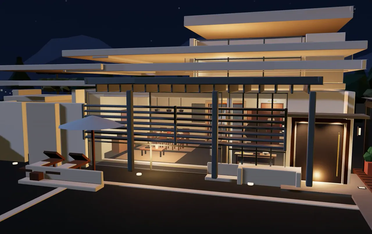 Casa da Encosta à noite: fachada envidraçada, sala iluminada e terraço junto à piscina.