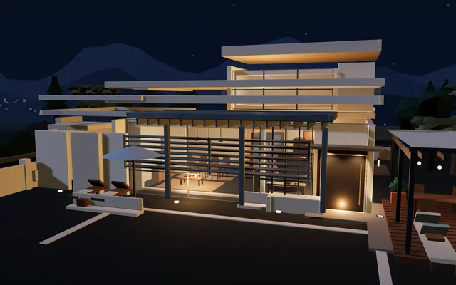 Villa contemporánea al anochecer, proyecto de demostración