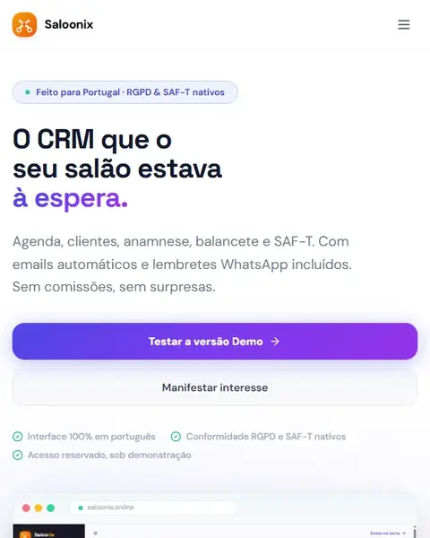 Vista real da plataforma de gestão para salões e spas